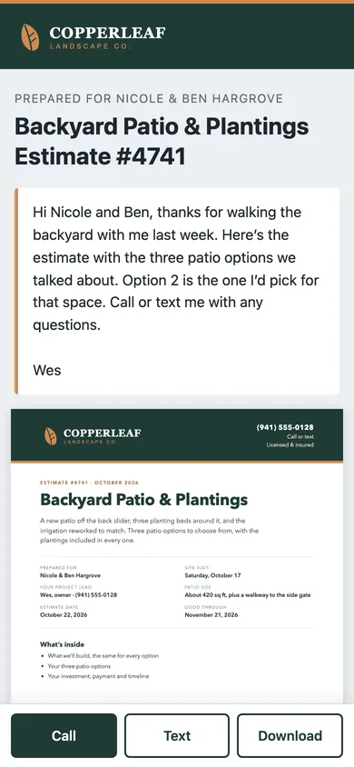 A landscaping estimate open on a phone, with a note from the owner and Call, Text and Download buttons